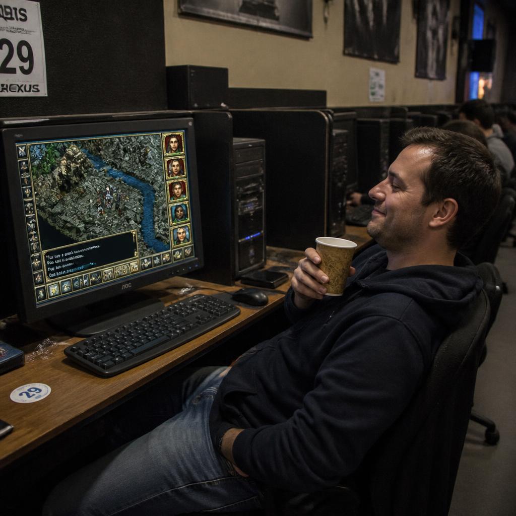 A player leaning back with a paper cup in hand at his station, an RPG map on the screen