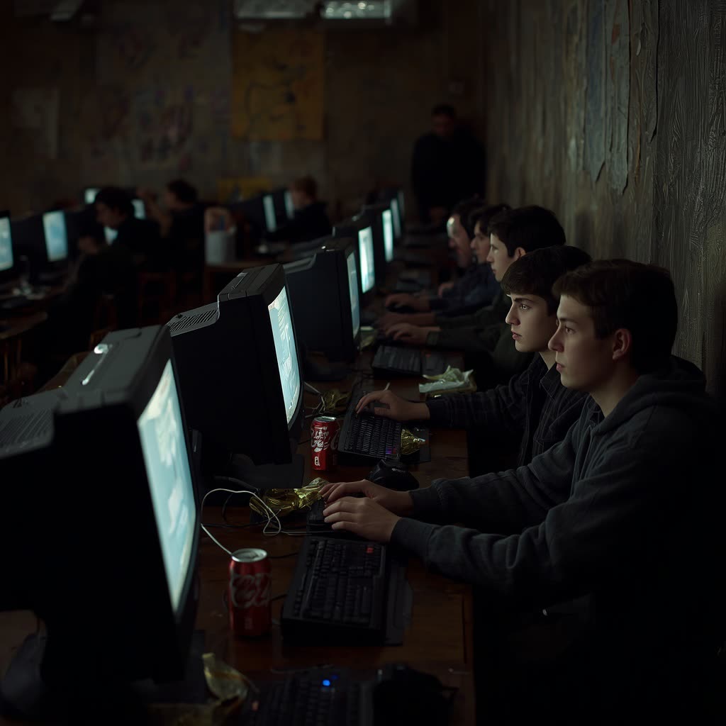 Long row of gaming PCs along a graffiti-marked wall with several players seated at glowing screens